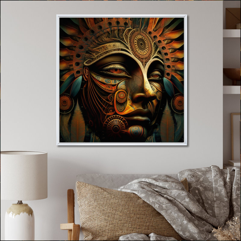 Ancien masque tribal Amazonien, Cadre flottant blanc, H 36 po x l 36 po x P 1,5 po