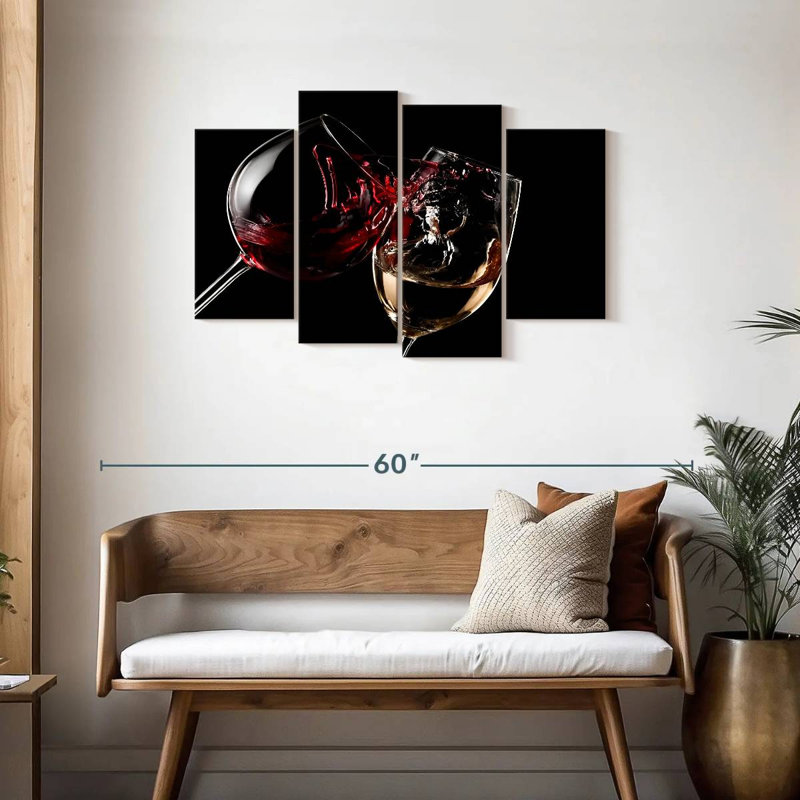 Ensemble de verres à vin rouges et blancs sur toile 4 pièces, H 27 po x l 43 po x P 1,25 po