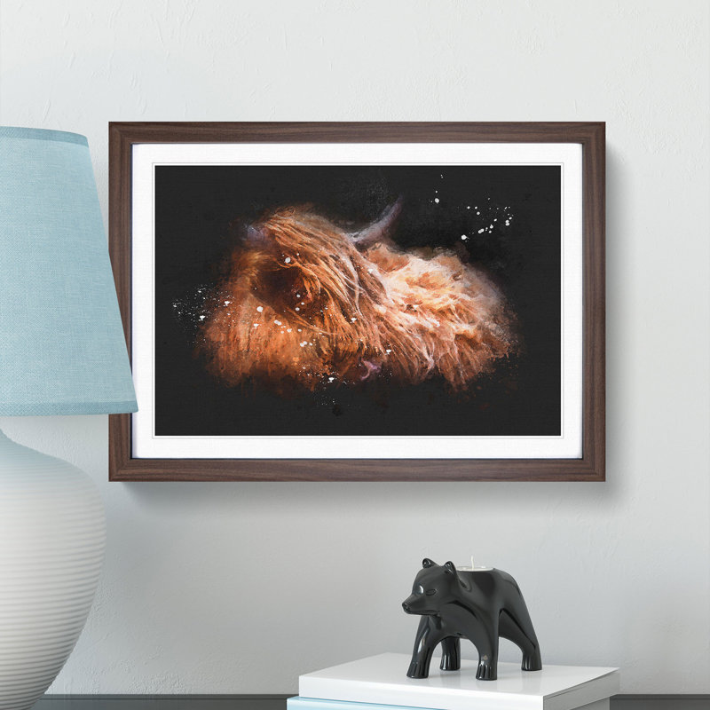 Highland Cow In The Shadows Paint Splash - Picture Frame Graphic Art, Walnut Framed, 24cm H x 33cm W x 2cm D