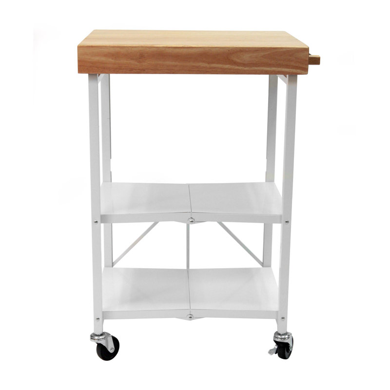Origami Foldaway Rolling Kitchen Cart Solid Wood Top, White