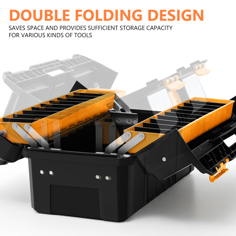 2-Layer Lockable Tool Box Plastic Portable Storage Folding Toolbox Tray Divider Tool Organizers, Black/Orange