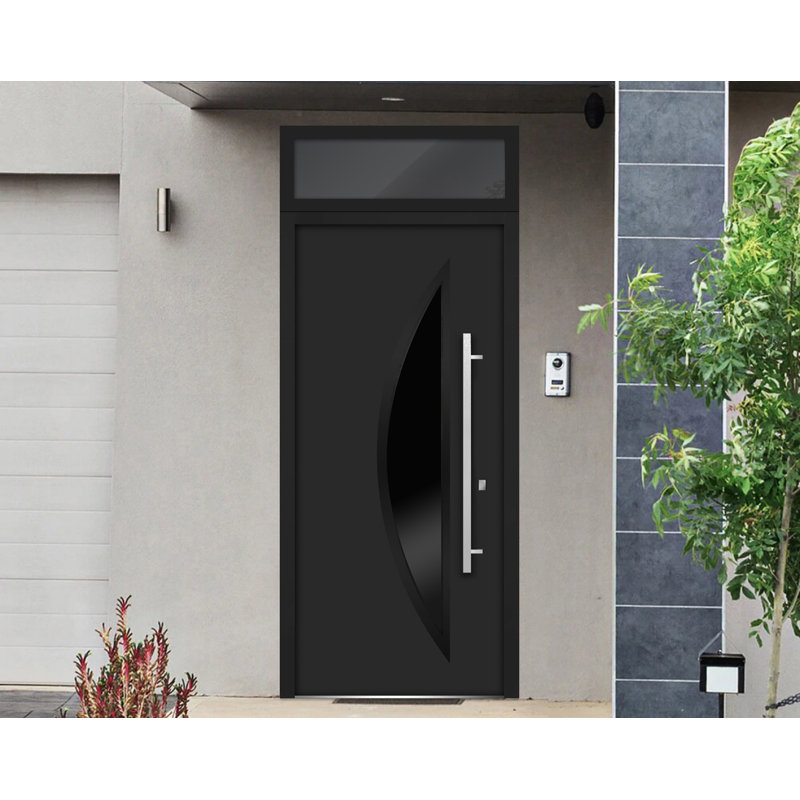 Porte d'entrée extérieure prémontée en acier Deux 6501 Anthracite avec fenêtre supérieure et inserts en acier inoxydable. Style moderne, peint - L 36 po x H 80 + 16 po - Ouverture droite vers l'intérieur