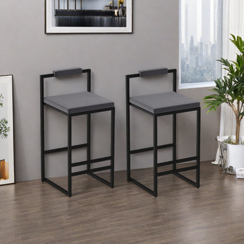 Ensemble de 2 tabourets de bar modernes à hauteur de comptoir en velours avec dossier bas pour îlot de cuisine, Gris