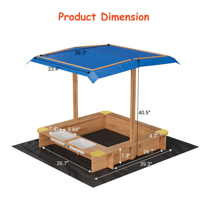 39" x 39" Wooden Kids Sandbox with Retractable UV Canopy & Lid Cover – Outdoor Sand Pit with 2 Side Buckets, Bottom Liner & Drainage – Anti-Collision – Solid Wood