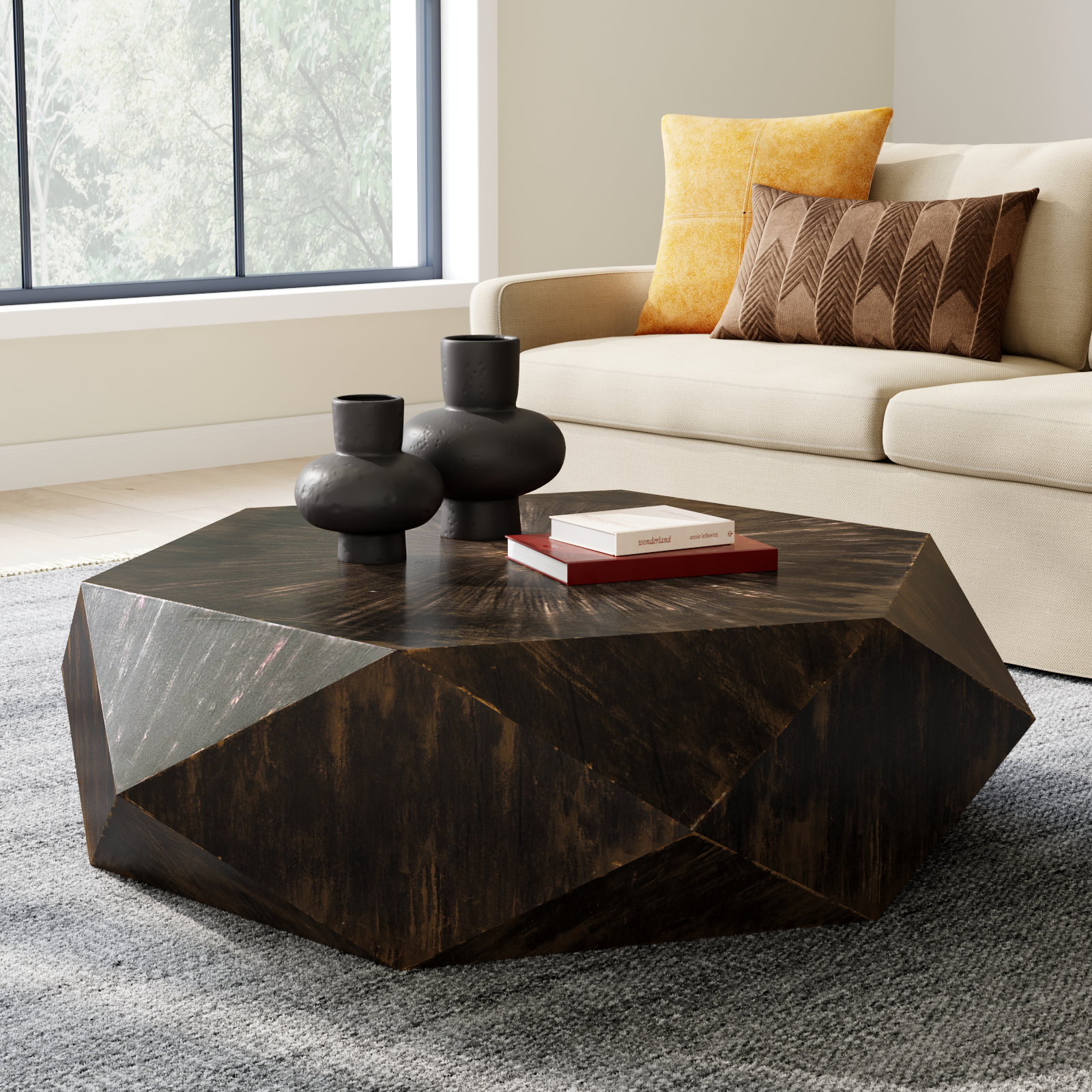 Kane Single Coffee Table, Worn Black, 14" H x 50" L x 50" W