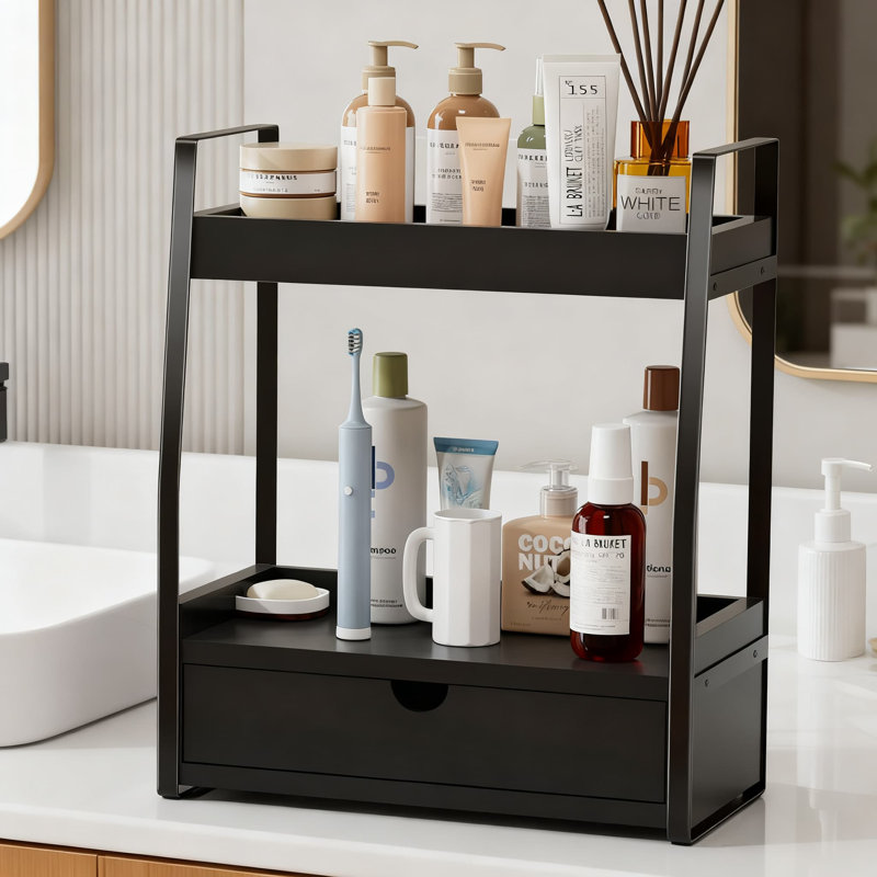 Organisateur de comptoir de salle de bain à 2 niveaux avec tiroirs, tablette de rangement multifonctionnelle pour meuble-lavabo, cuisine, bureau et salon, conception peu encombrante avec fabrication en métal et en bois stable