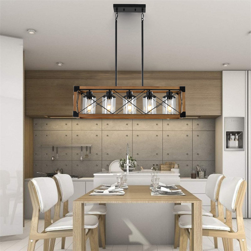 Luminaire suspendu pour îlot de cuisine 5 lumières Radwa, Noyer