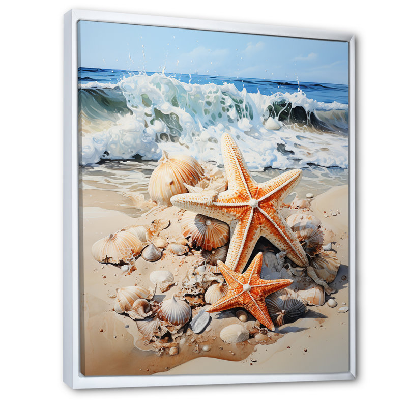 Étoile de mer sur la plage I - art mural bord de mer tropical, H 20 po x l 12 po x P 1 po, Cadre flottant blanc