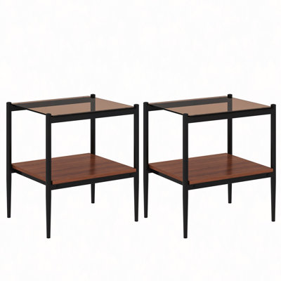 Ensemble de 2 tables de bout rectangulaires, plateau en verre trempé avec panneau de fibres à densité moyenne, table de salon moderne