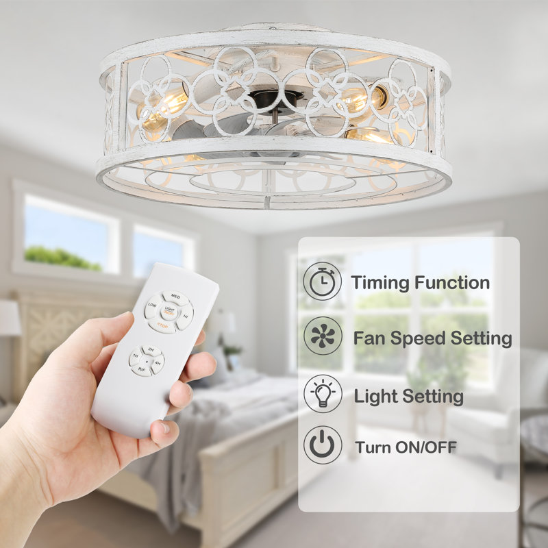 Barney 19" Caged Ceiling Fan with Light Kit and Remote, Flush Mount Farmhouse Ceiling Fan with Light