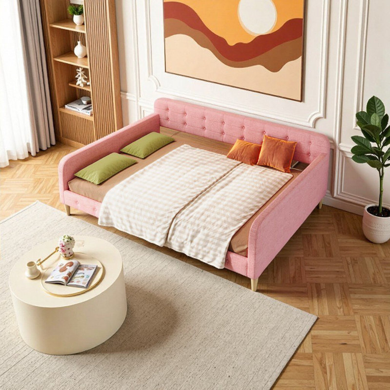 Queen Size Pink Linen Upholstered Daybed with Support Legs - Convertible Sofa & Sleeper, No Box Spring Needed, Pink