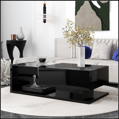 Table basse moderne en bois avec verre trempé et surface UV ultrabrillante, parfaite pour les espaces de vie élégants et durables.