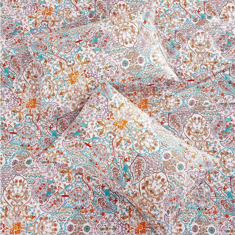 Blue-Green Bohemian Style Pure Cotton Four-Piece Bedding Set, Paisley Pattern, Hippie Feel, Deep Pocket Design, Large Size.