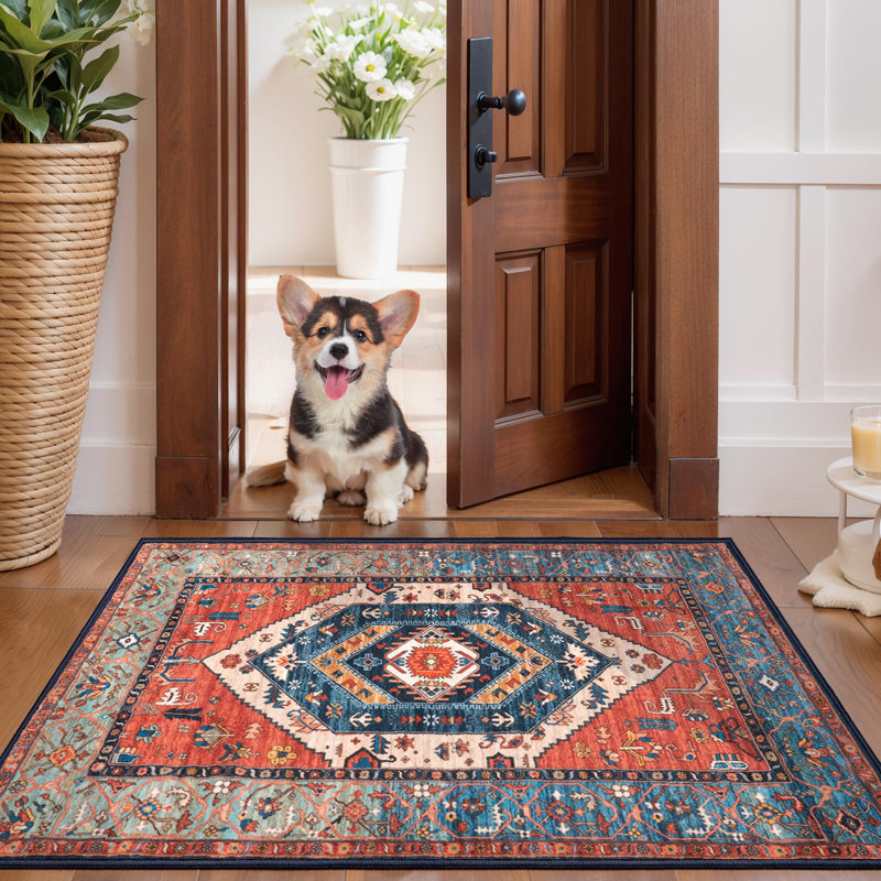 Boho Rugs For Entryway, 2X3 Rust Entryway Rug Non-Slip Washable Small Area Rug, Ultra Soft Oriental Vintage Low-Pile Indoor Door Mat Floor Carpet For Entrance Bedroom Kitchen Bathroom