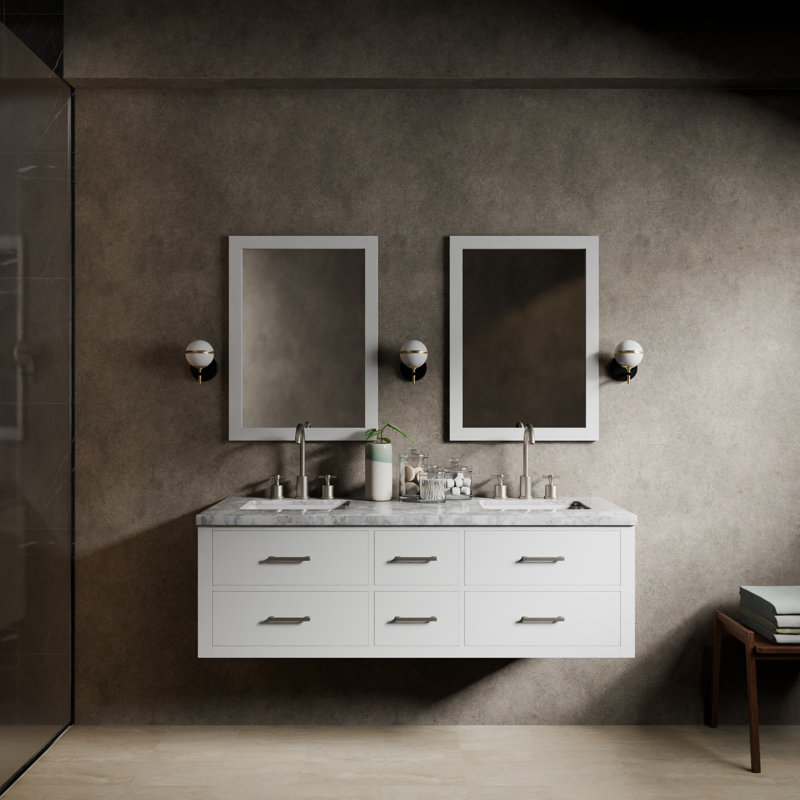 60" Wall-Mounted Double Bathroom Vanity Set, White, White Carrara Marble
