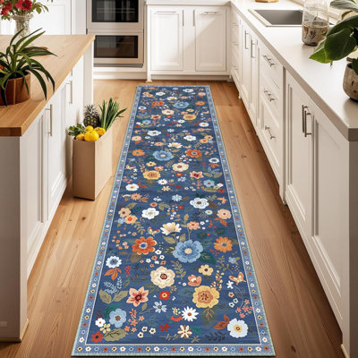 Motif floral 2 x 8 tapis lavable imprimé boho tapis mignon antidérapant fleur bas pour salon chambre cuisine bureau ferme-bleu / gris