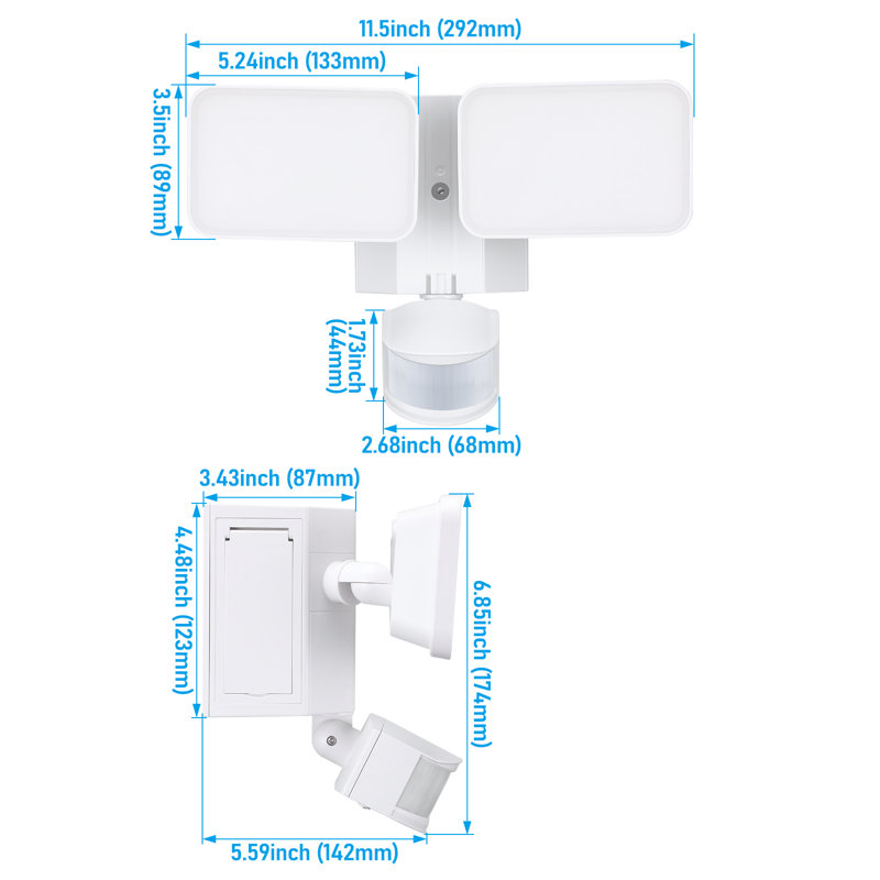 Projecteur à DEL avec prises GFCI, capteur de mouvement et lampe de sécurité Dusk to Dawn, Blanc