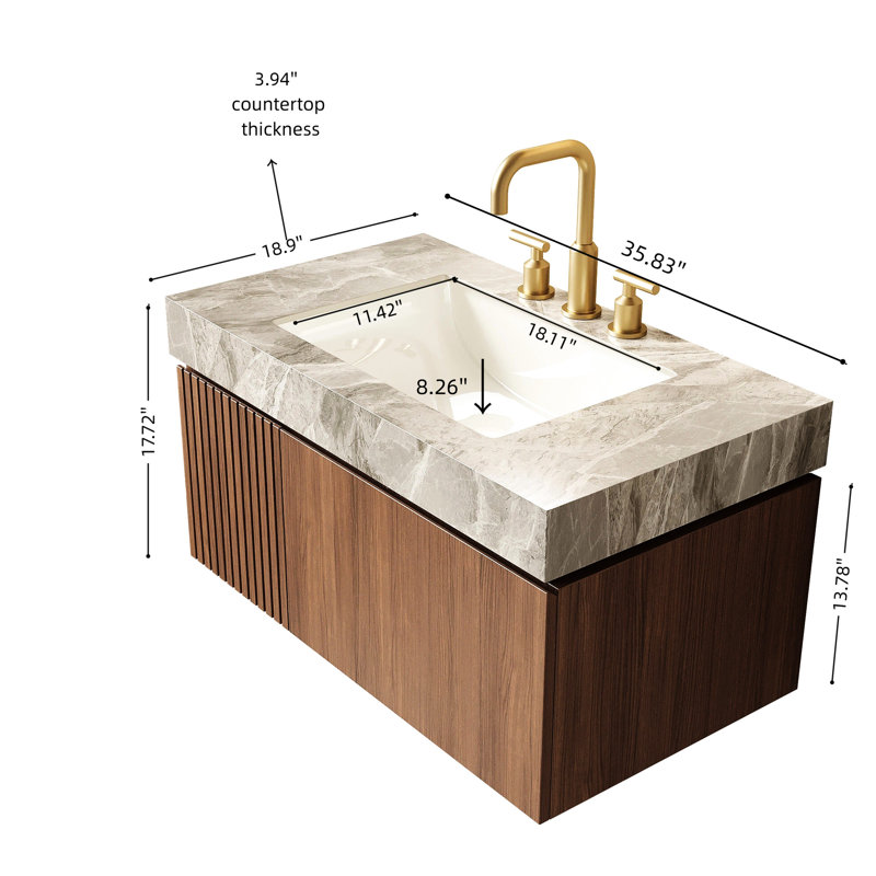 Meuble-lavabo flottant 36 po avec évier, rangement en contreplaqué, pierre frittée grise, lavabo en céramique, 3 trous de robinet, pré-assemblé, chêne brun, eau, contreplaqué facile à installer, comptoir en pierre, percé