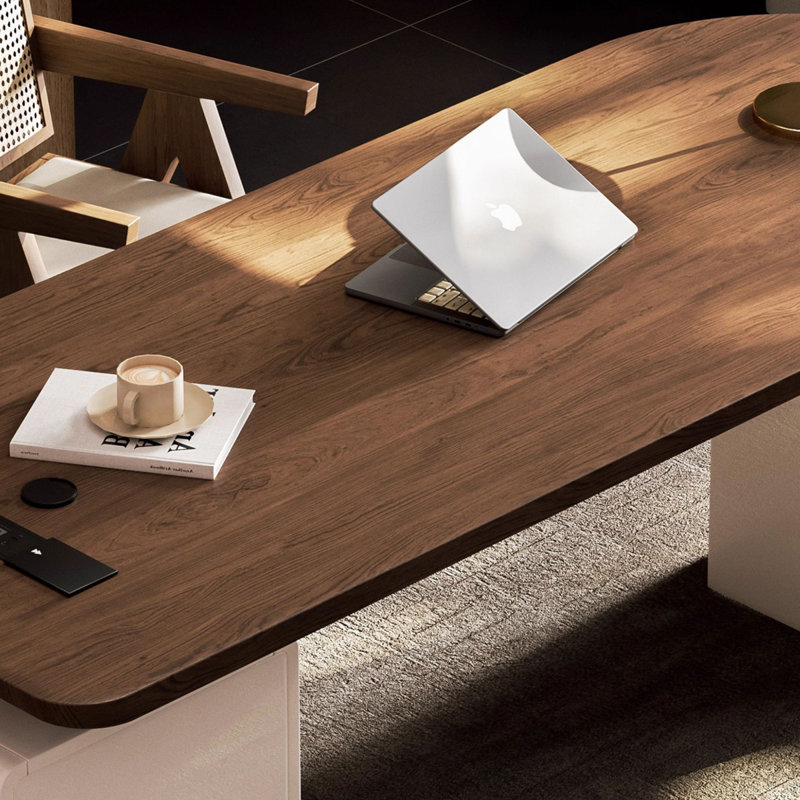 Bureau à 3 tiroirs brun noisette + demi-cercle massif beige + bois manufacturé + acier au carbone