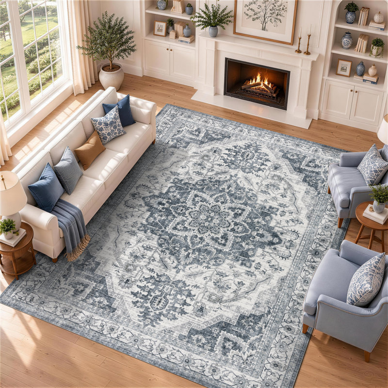Tapis d'intérieur lavable en machine à motif floral bleu vintage, ultra-doux et à poils courts, Rectangle 8' x 10'
