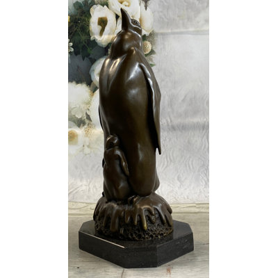 August Penguin And Baby Chick Nestling Bronze Statue Sculpture Collectible Original Art 15 Inches X 7 Inches