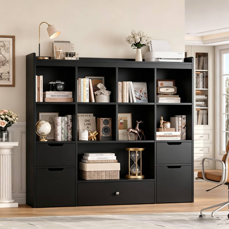 Bibliothèque de rangement en bois l 48 "avec 5 tiroirs classeurs, noir, Noir