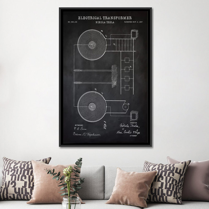 Reproduction sur toile tendue Tesla, Transformateur électrique, noir - BrevetPrintStore, H 26 po x l 18 po x P 1,5 po