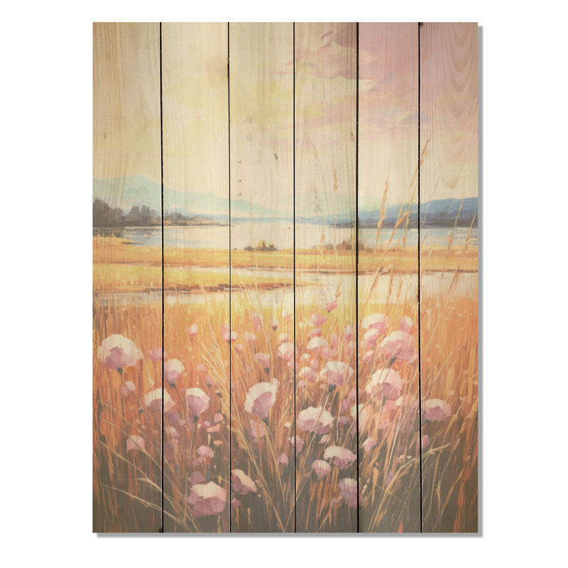 Harmonie naturelle, coucher de soleil, prairies en fleurs, pin naturel, H 20 po x l 10 po