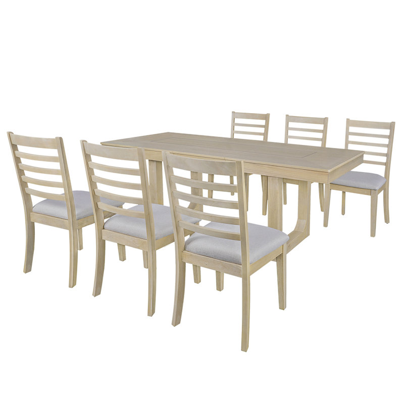 7 Piece Extendable Dining Table Set, Natural, Natural, Light Grey/Natural