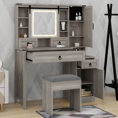 Coiffeuse Farmhouse avec miroir coulissant avec lumières, plateau en verre, 4 tiroirs, 2 armoires et tabouret pour la chambre à coucher