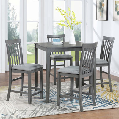 5 Piece Dining Table Set, Wooden Dining Square Table Set for 4, Counter Height Kitchen Table Set with Square Table and 4 Upholstered Chairs for Small Space, Grey