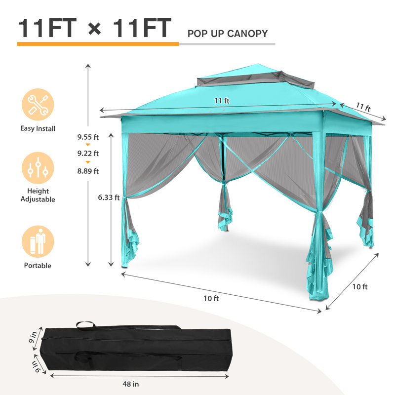 11 Ft. W x 11 Ft. D Outdoor Pop Up Soft Top Steel Patio Gazebo with Netting, Turquoise Blue