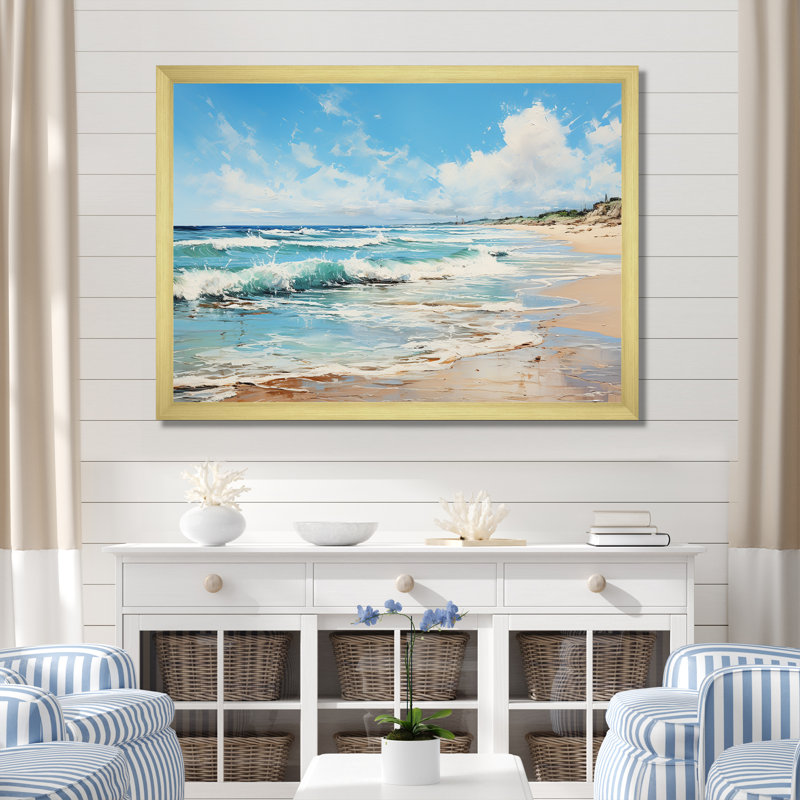 «Abstract Soft Tone Beach Horizons», art mural plage côtière pour le salon, H 34 po x l 44 po x P 1,5 po, Encadrement doré