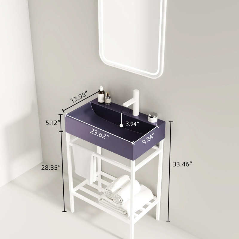 Bathroom Vanity Ceramic Basin 24" - Purple Rectangular Sink, Freestanding Console, White, Modern Scandinavian, Robust Iron Shelf, Assembly Is Manageable Easily & White Glossy, With Trunk Unit
