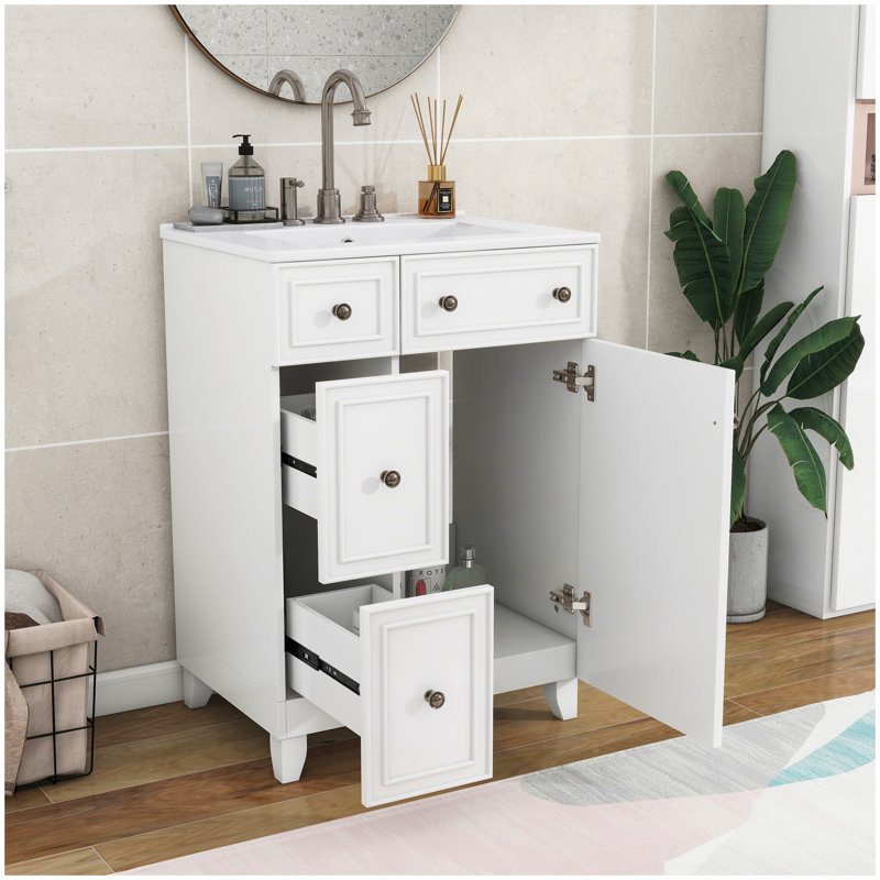 Armoire de meuble-lavabo 24 po avec lavabo en céramique, 2 tiroirs, 1 porte, Blanc
