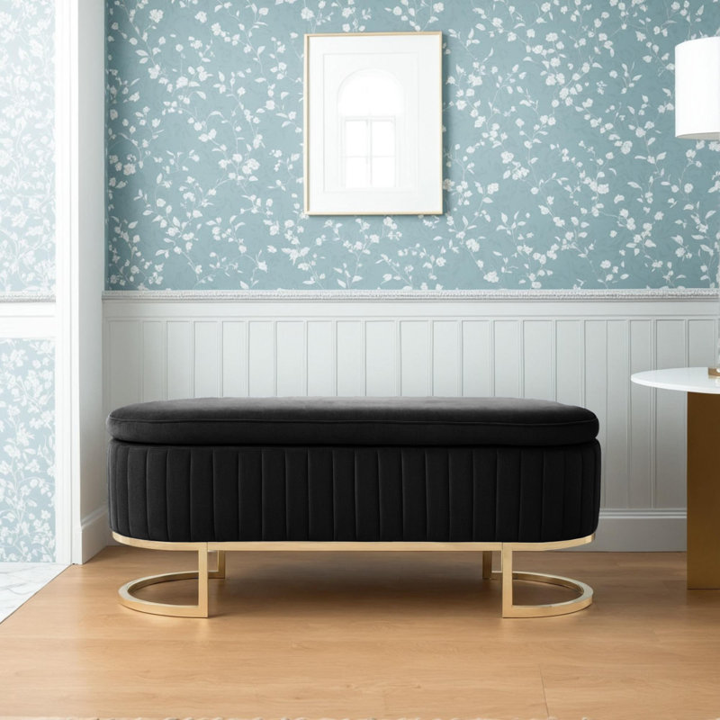Velvet Upholstered Flip Top Storage Bench, Black