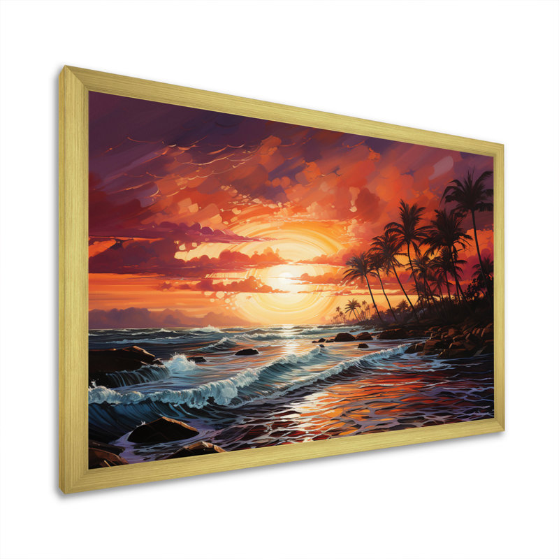 Palmiers sur un coucher de soleil coloré III - impression, Encadrement doré, H 30 po x l 40 po x P 1,5 po