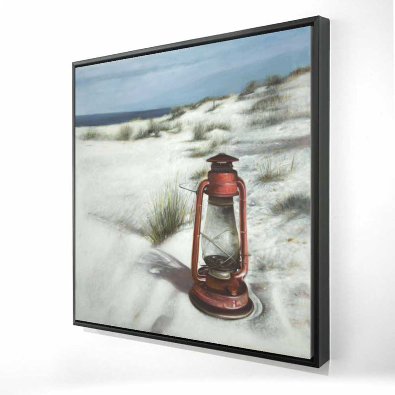 Lantern on the Beach | Red Framed Canvas Art for Home Decor