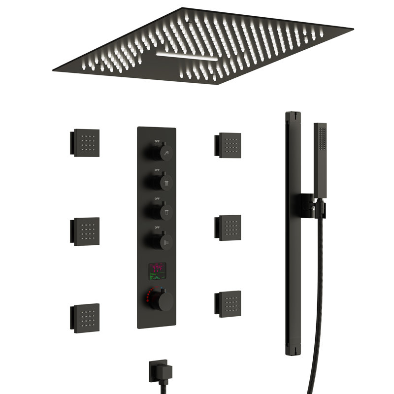 Thermostatic Digital Display Shower System, Ceiling Mount 2-Function 16" LED Rainfall Shower Head with Handheld Spray