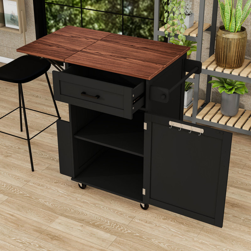 Kitchen Cart with Folding Drop Leaf, Drawer, Adjustable Shelf, Open Side Storage and Towel Bar, Black