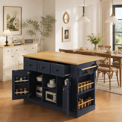 Îlot de cuisine avec 2 tabourets de bar, prise de courant, support de rangement interne et 5 roulettes pour une mobilité et un rangement accrus