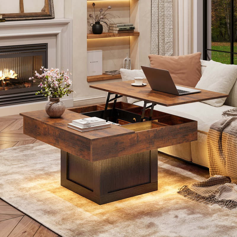 LED Lift Top Coffee Table With Storage, Brown
