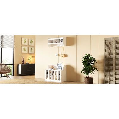 Adjustable Shoe Bench And Coat Rack, 4 Hooks, White Wall Mounted Entryway Organizer For Hallway, Foyer Hallway Storage With Shelves Compartments, Hall Tree