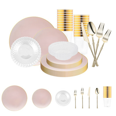 Service de vaisselle jetable en plastique biologique rose et doré - 120 couverts