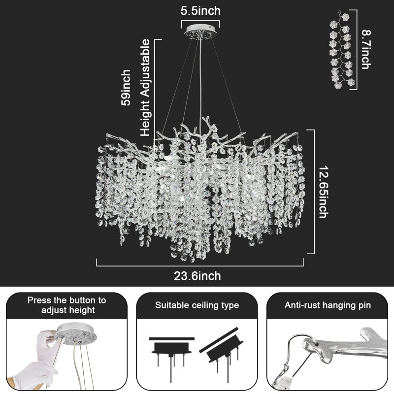Silver Tree Branch Crystal Snow Chandelier Lighting 24"D, Silver