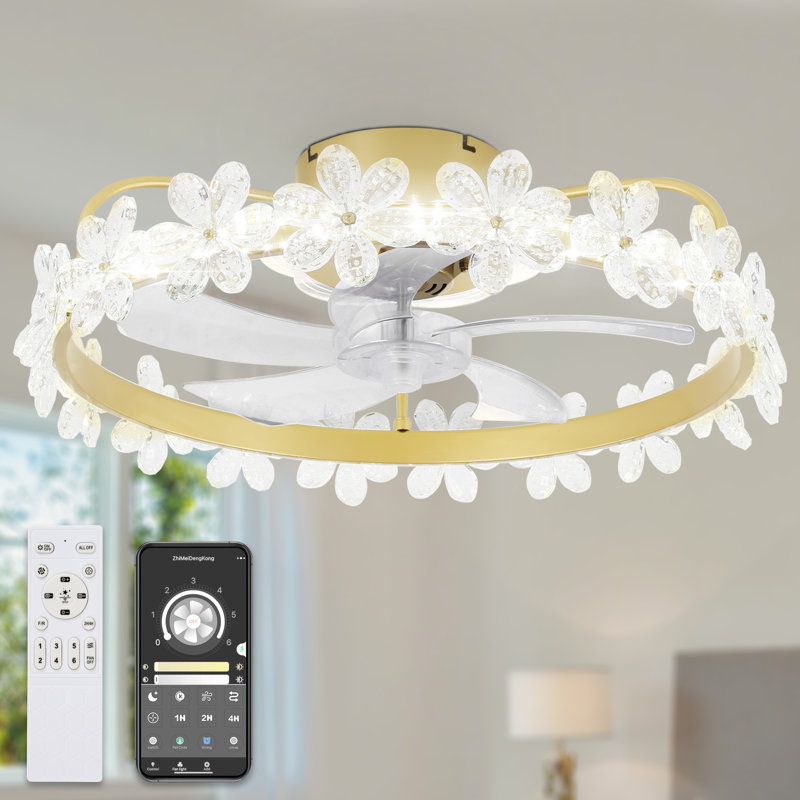 Lilburn 21-In Modern Smart Low Profile Flush Mount Crystal Ceiling Fan with Lights and APP Control for Kids Bedroom