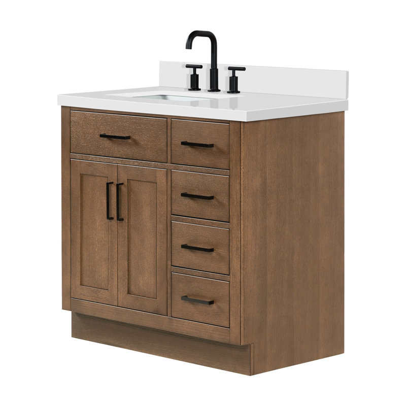 Meuble-lavabo simple en bois massif 36 po Tidworth avec plateau en quartz 1,5 po, Forme rectangulaire, Gauche, Chêne brun