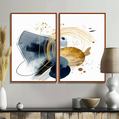 Paysage d'art bleu foncé et or III - art mural moderne 2 panneaux