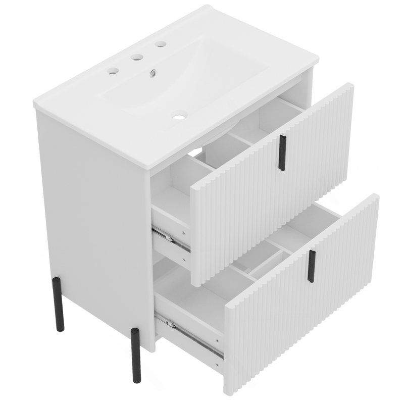 Meuble-lavabo de 30 po avec lavabo en céramique, équipé de poignées verticales et de tiroirs pleine extension, meuble-lavabo autoportant avec glissières de tiroir à fermeture en douceur, conception cannelée, blanc