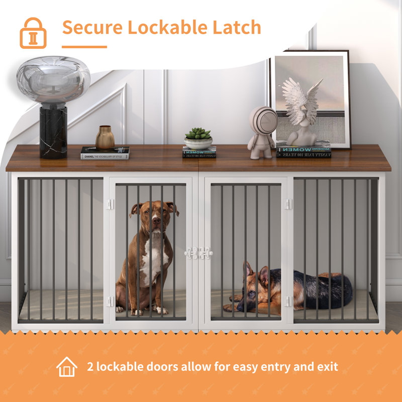 Large White Steel Frame Dog Crate Furniture with Double Doors